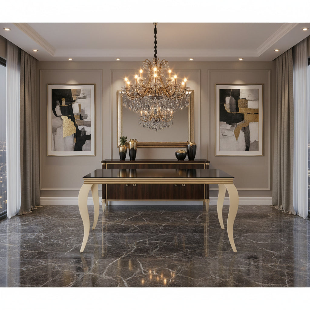 Table à manger BAROQUE 6 à 8 couverts pieds gold plateau en verre 180x90 cm #couleur_noir