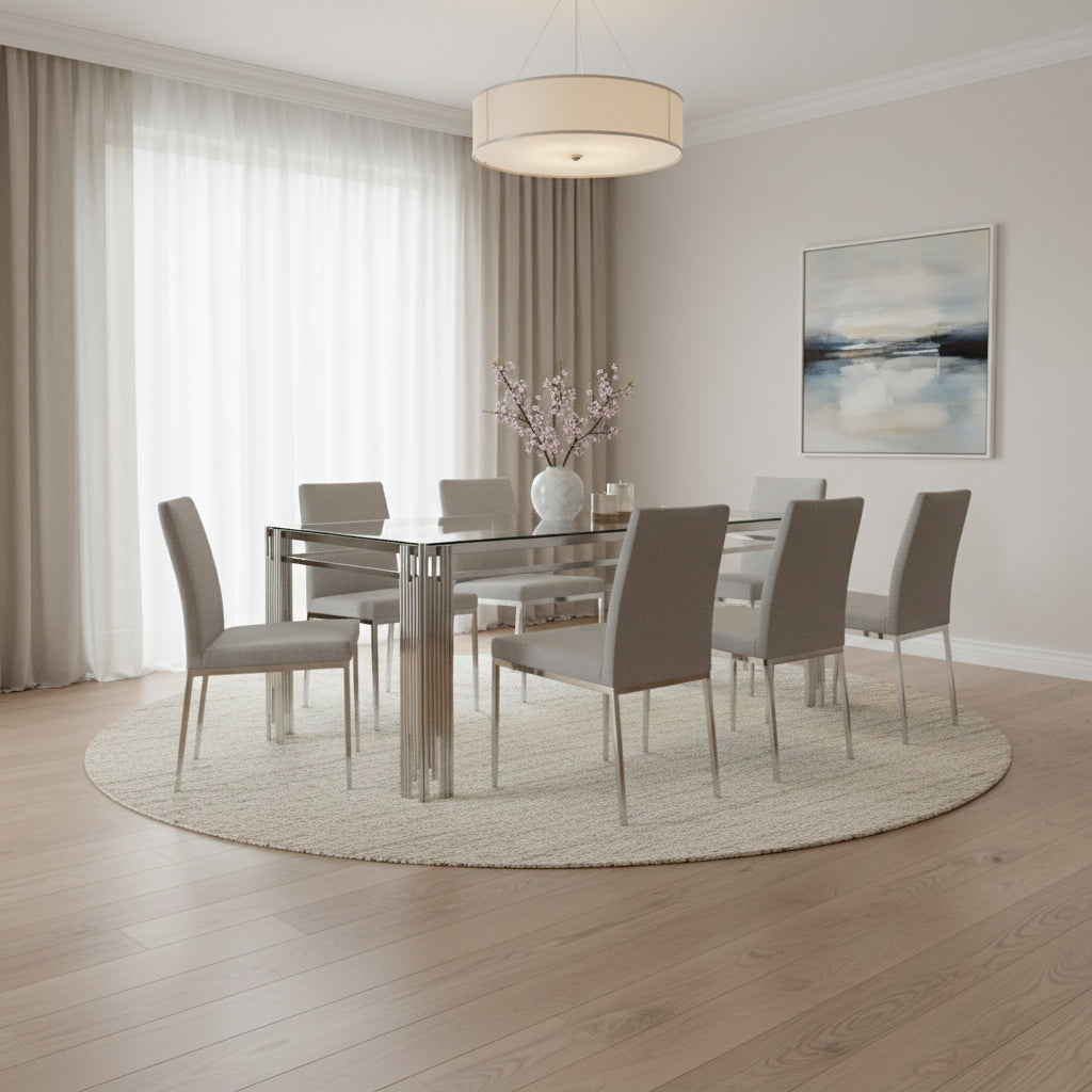 Table à manger XXL FLUTE Chrome Plateau en verre Marbré 180 cm #couleur_transparent
