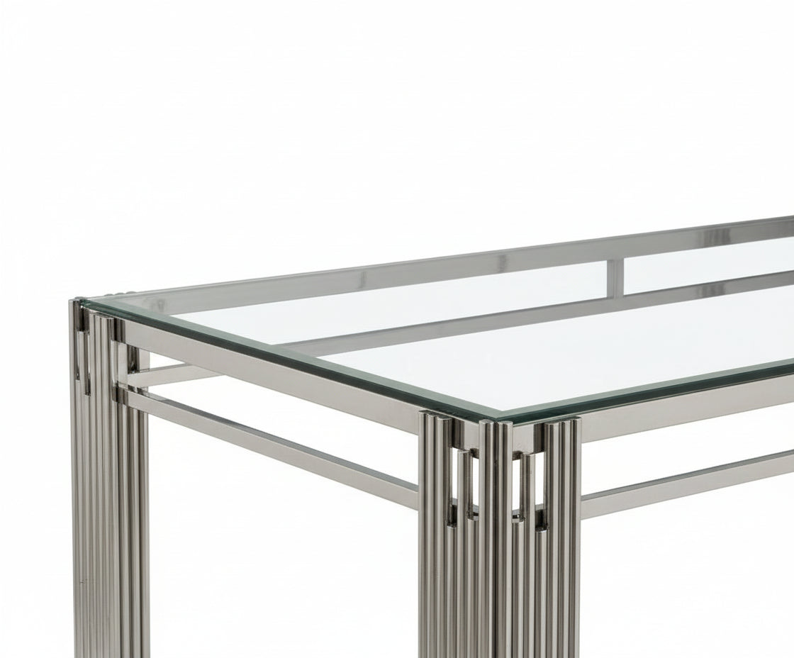 Table à Manger Verre Trempé Transparent & Pieds Chromés – 150×90 cm – FLUTE