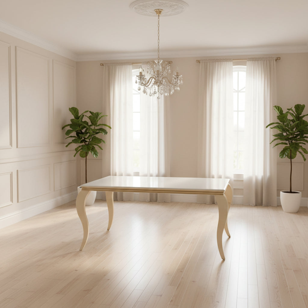 Table à manger BAROQUE 4 à 6 couverts pieds gold plateau en verre 150x90 cm #couleur_blanc