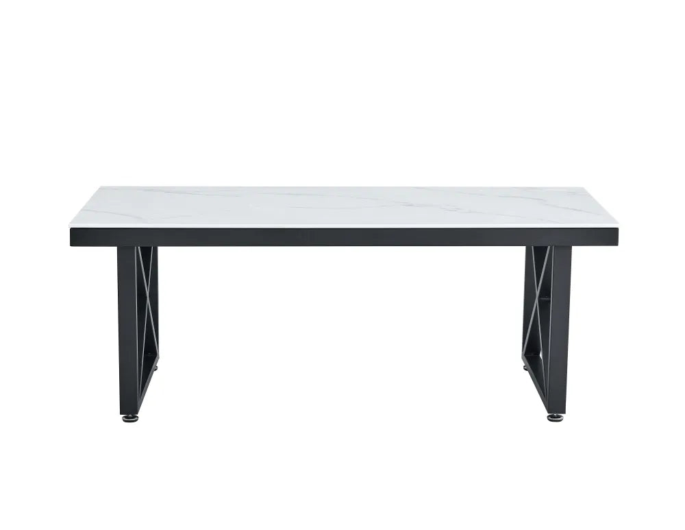 Table Basse LEVANTO Plateau Verre Trempé Marbré Blanc Structure Métal Noir 120x60x45cm