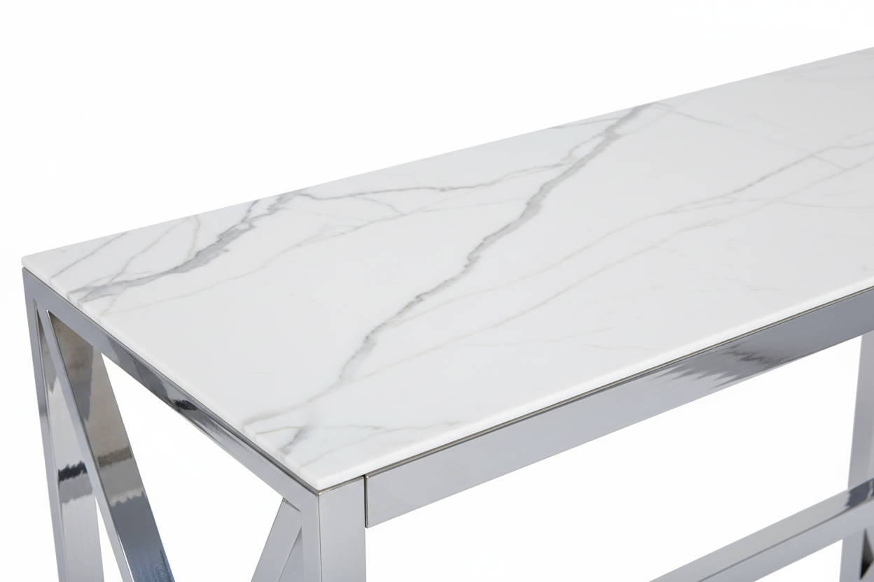 Console métal chrome plateau effet marbre blanc 120x40x78 cm MAJESTIQUE