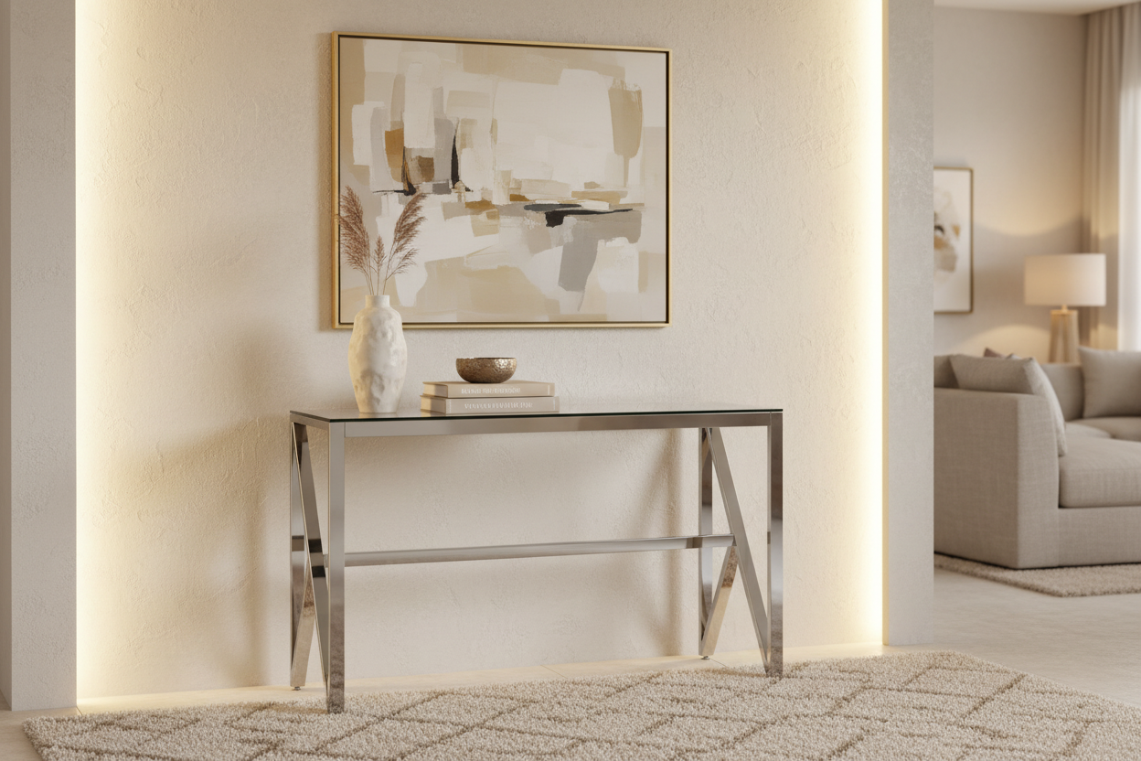 Console métal chrome verre transparent 120x40x78 cm MAJESTIQUE
