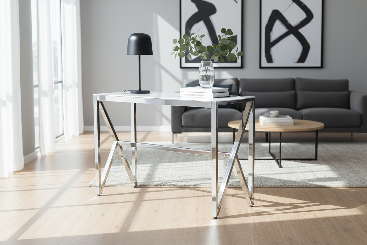 Console métal chrome plateau effet marbre blanc 120x40x78 cm MAJESTIQUE