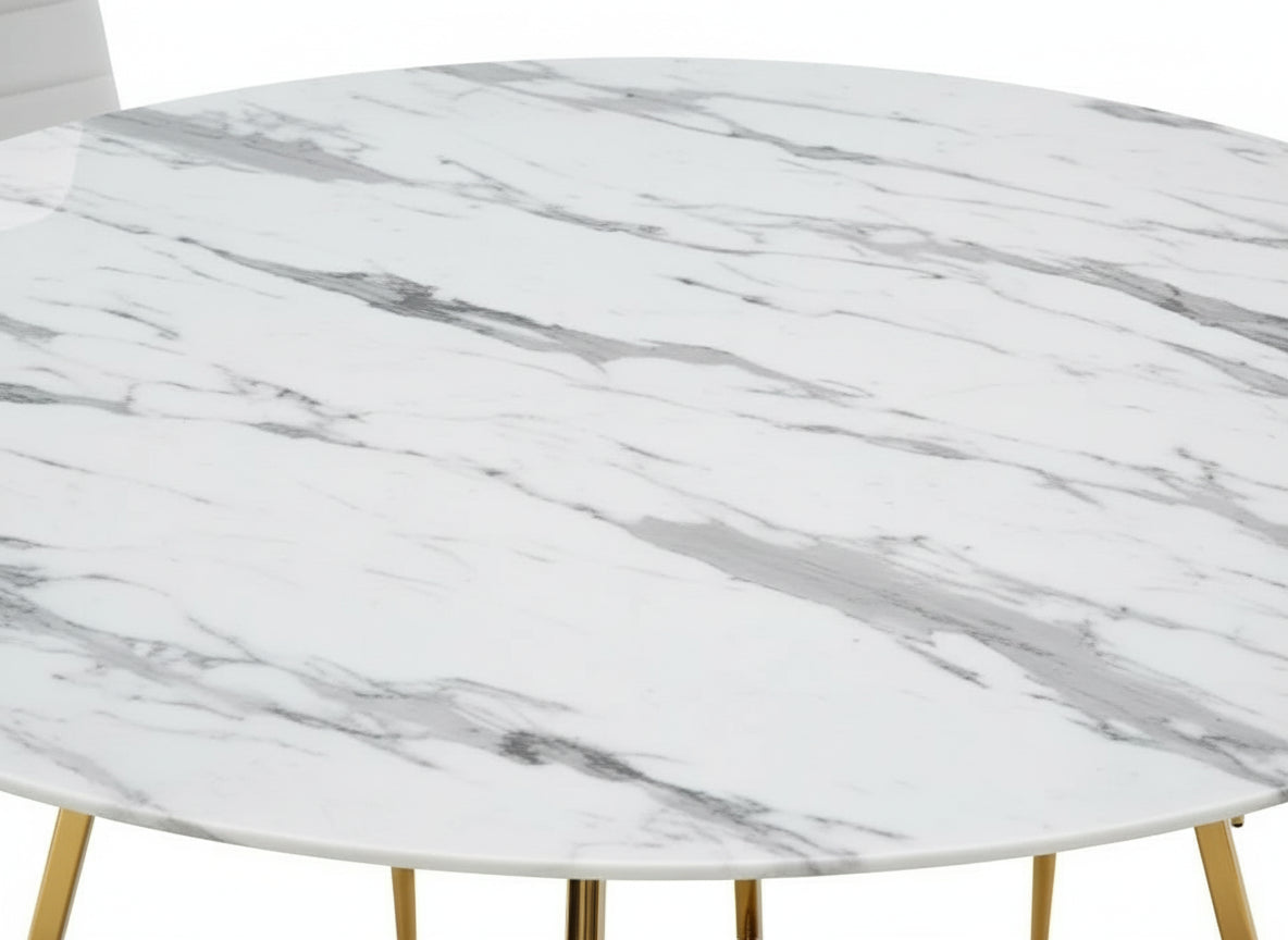 Table à Manger Ronde Verre Marbré Blanc & Pied Gold – 120×120×75 cm – HELOISE