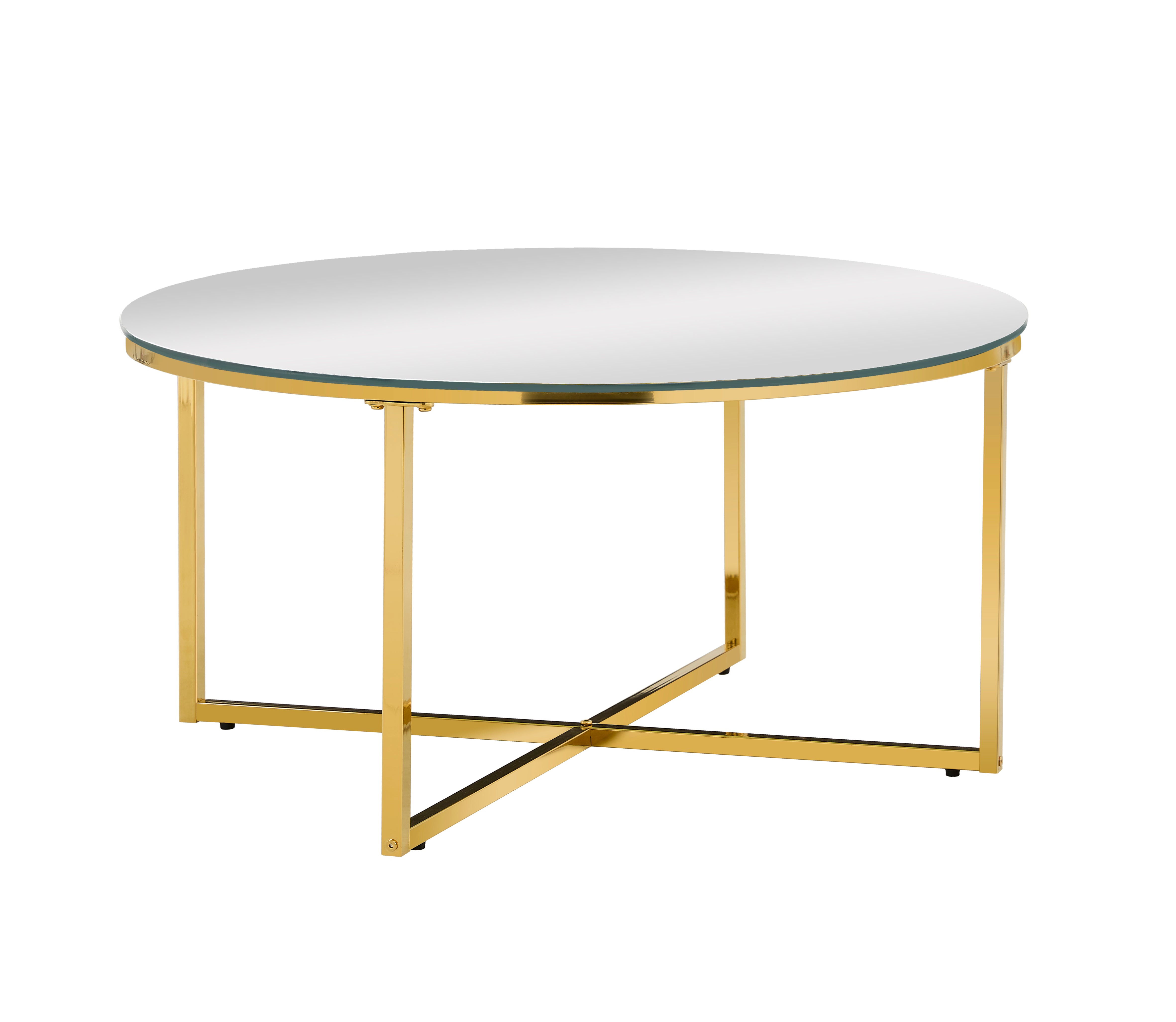 Table Basse LORIE Ronde Plateau Verre Trempé Miroir Structure Métal Gold D90x45cm