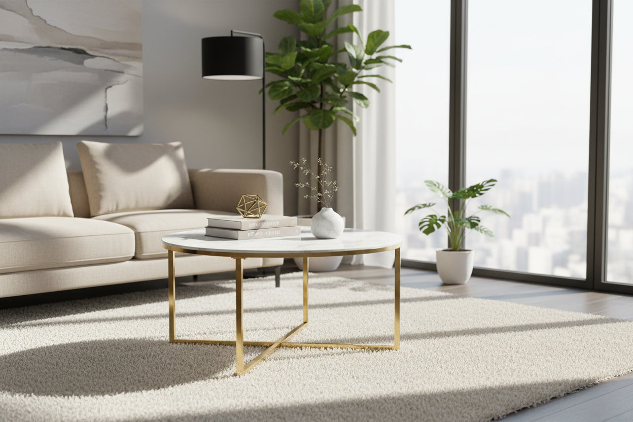 Table Basse LORIE Ronde Plateau Verre Trempé Miroir Structure Métal Gold D90x45cm
