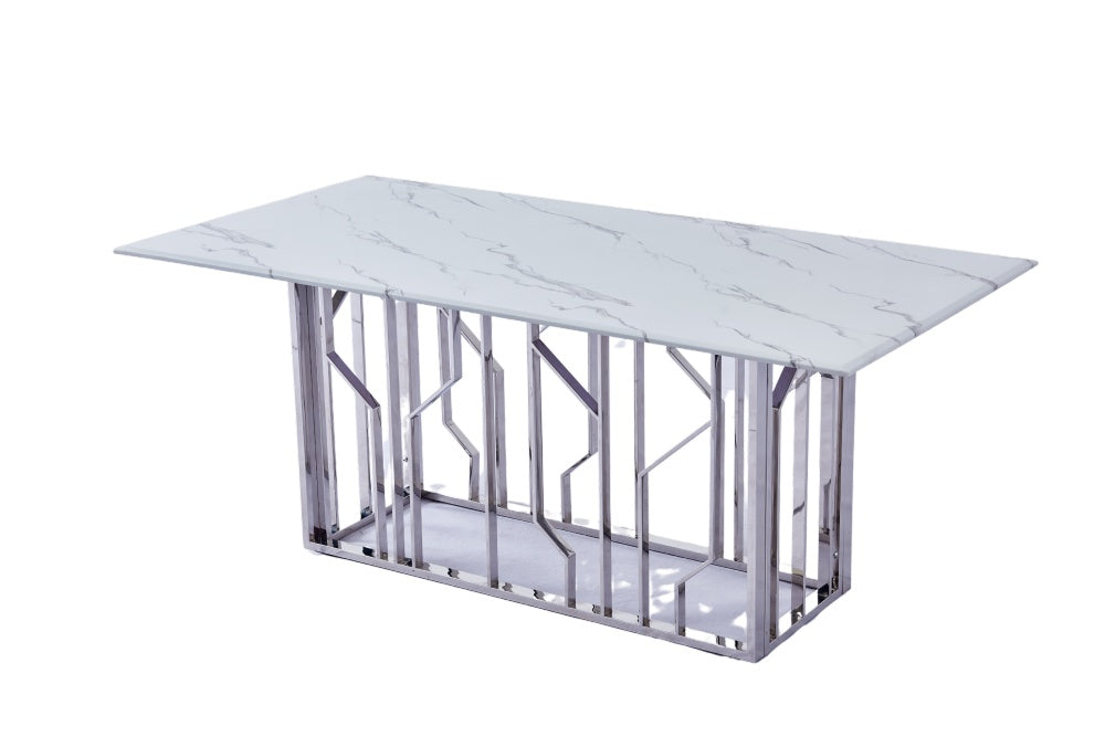 Table Basse PORTOFINO Plateau Verre Trempé Effet Marbré Blanc Pieds Chrome 120x70x45cm