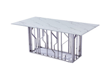 Table Basse PORTOFINO Plateau Verre Trempé Effet Marbré Blanc Pieds Chrome 120x70x45cm