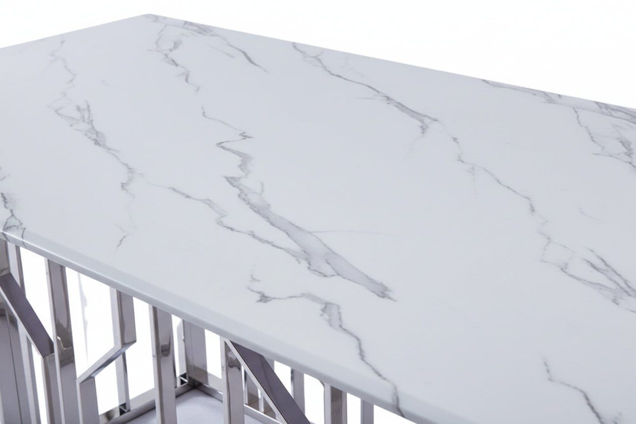 Table Basse PORTOFINO Plateau Verre Trempé Effet Marbré Blanc Pieds Chrome 120x70x45cm