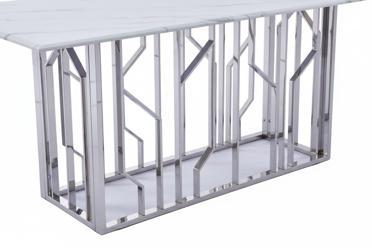 Table Basse PORTOFINO Plateau Verre Trempé Effet Marbré Blanc Pieds Chrome 120x70x45cm