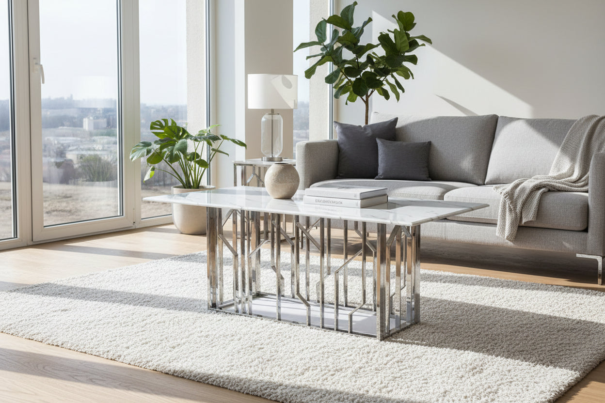 Table Basse PORTOFINO Plateau Verre Trempé Effet Marbré Blanc Pieds Chrome 120x70x45cm
