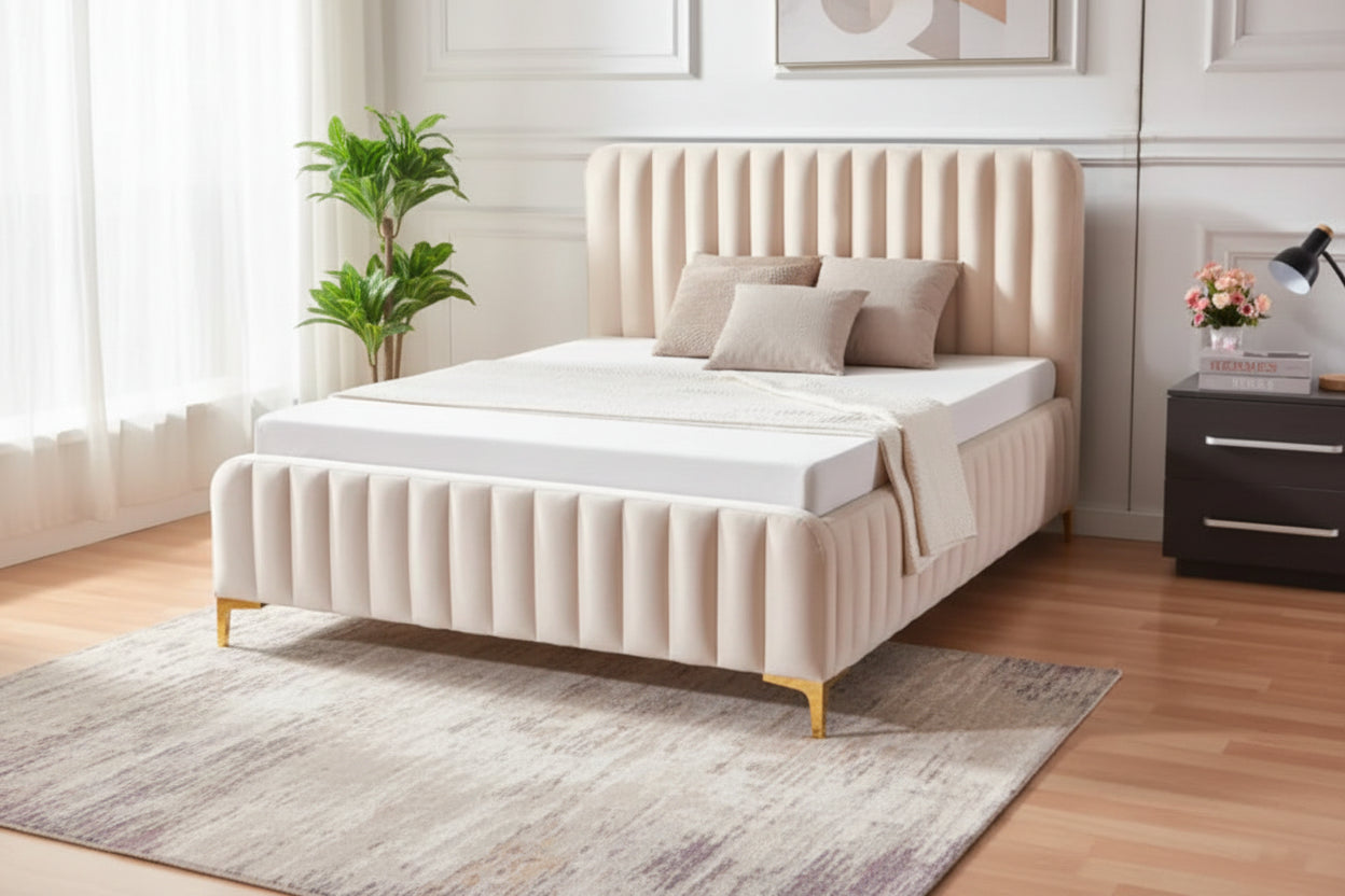 Lit 2 places velours beige sommier inclus 160x200 cm FAYE