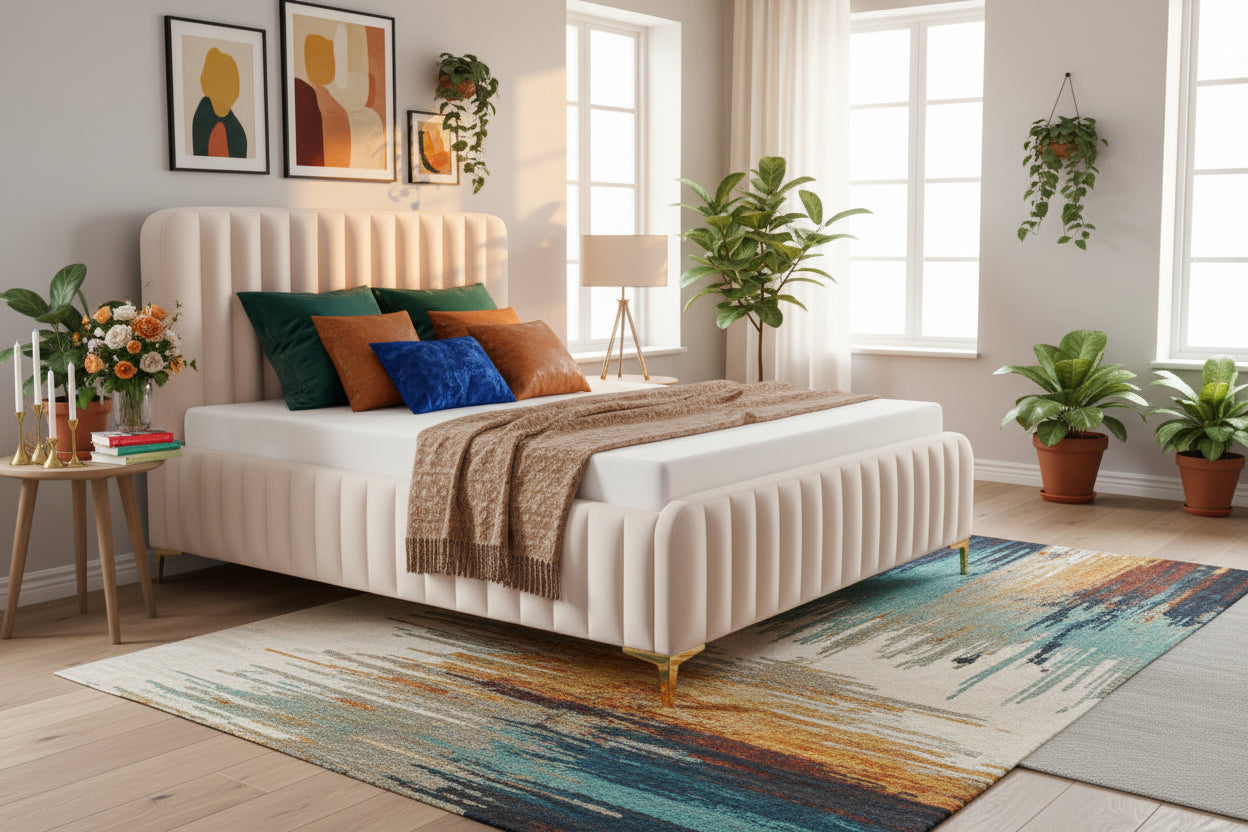 Lit 2 places velours beige sommier inclus 160x200 cm FAYE