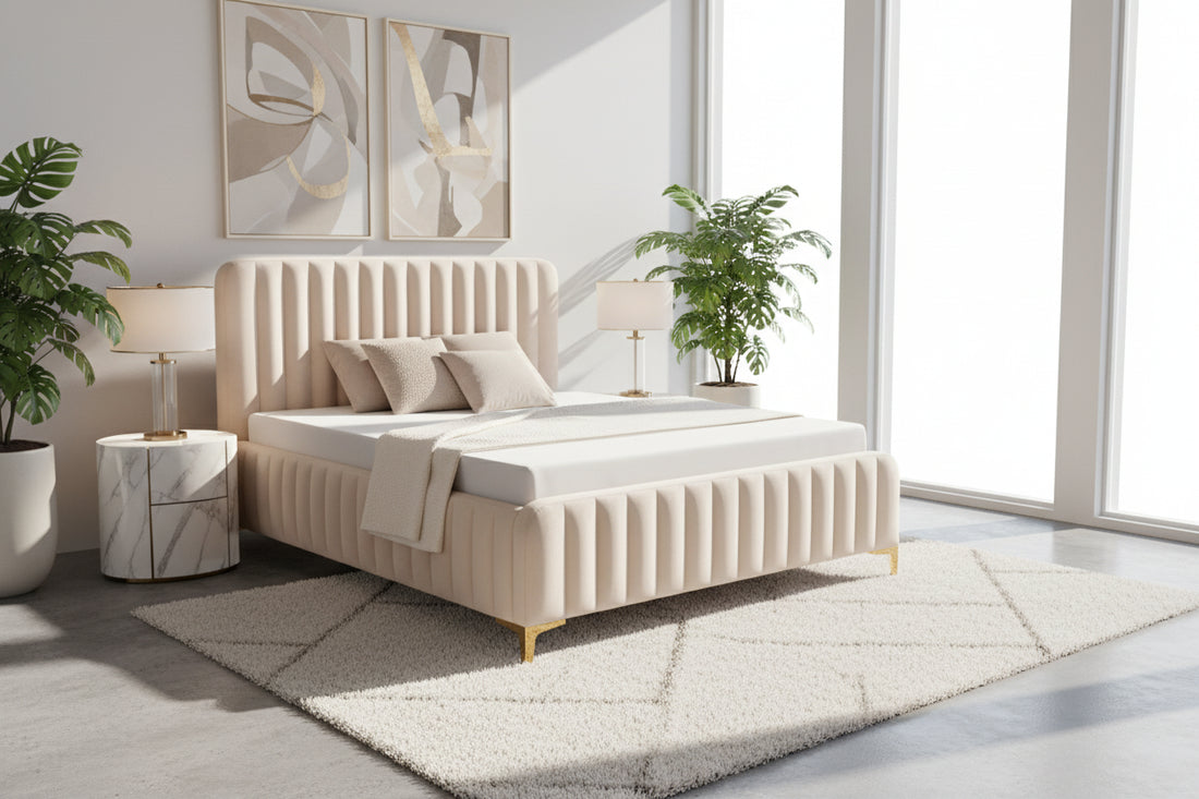 Lit 2 places velours beige sommier inclus 160x200 cm FAYE