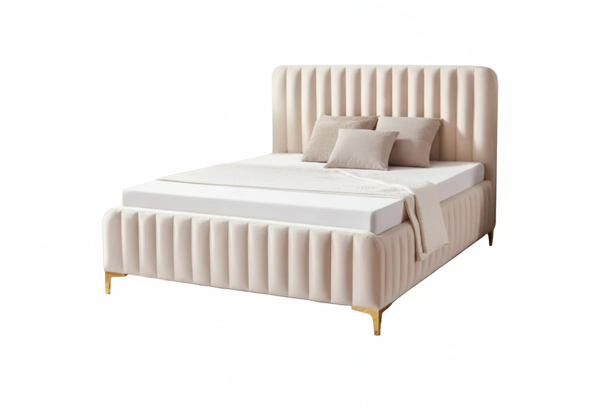 Lit 2 places velours beige sommier inclus 160x200 cm FAYE