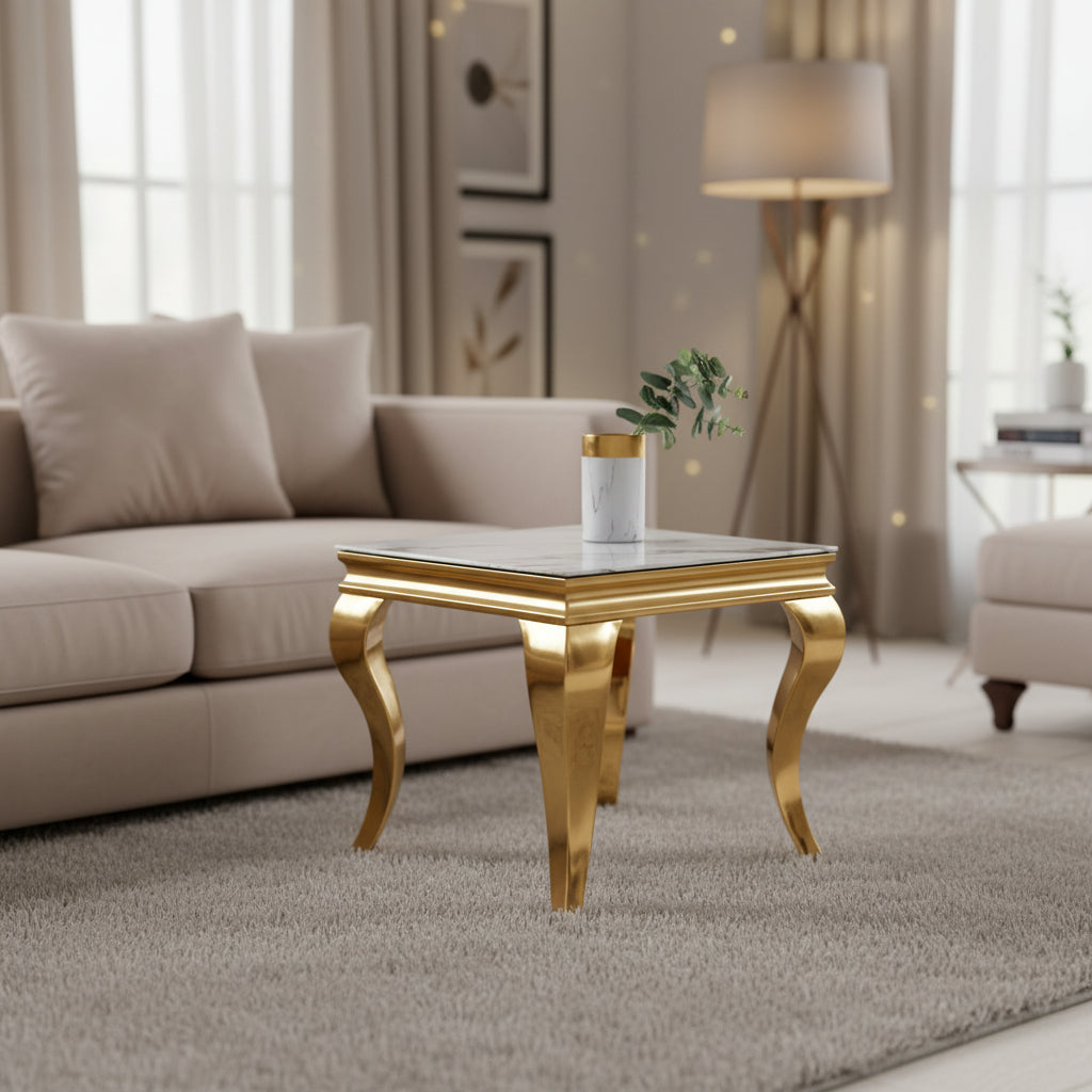 Guéridon BAROQUE gold marbre blanc 50x50 cm #couleur_marbre_blanc