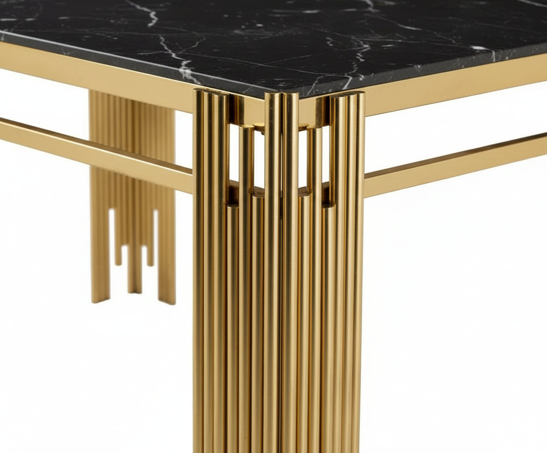 Table à manger FLUTE Gold Plateau en verre #couleur_marbré-noir