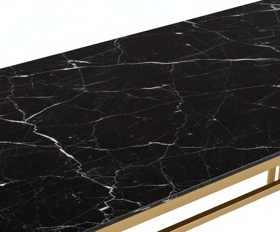 Table à manger FLUTE Gold Plateau en verre #couleur_marbré-noir