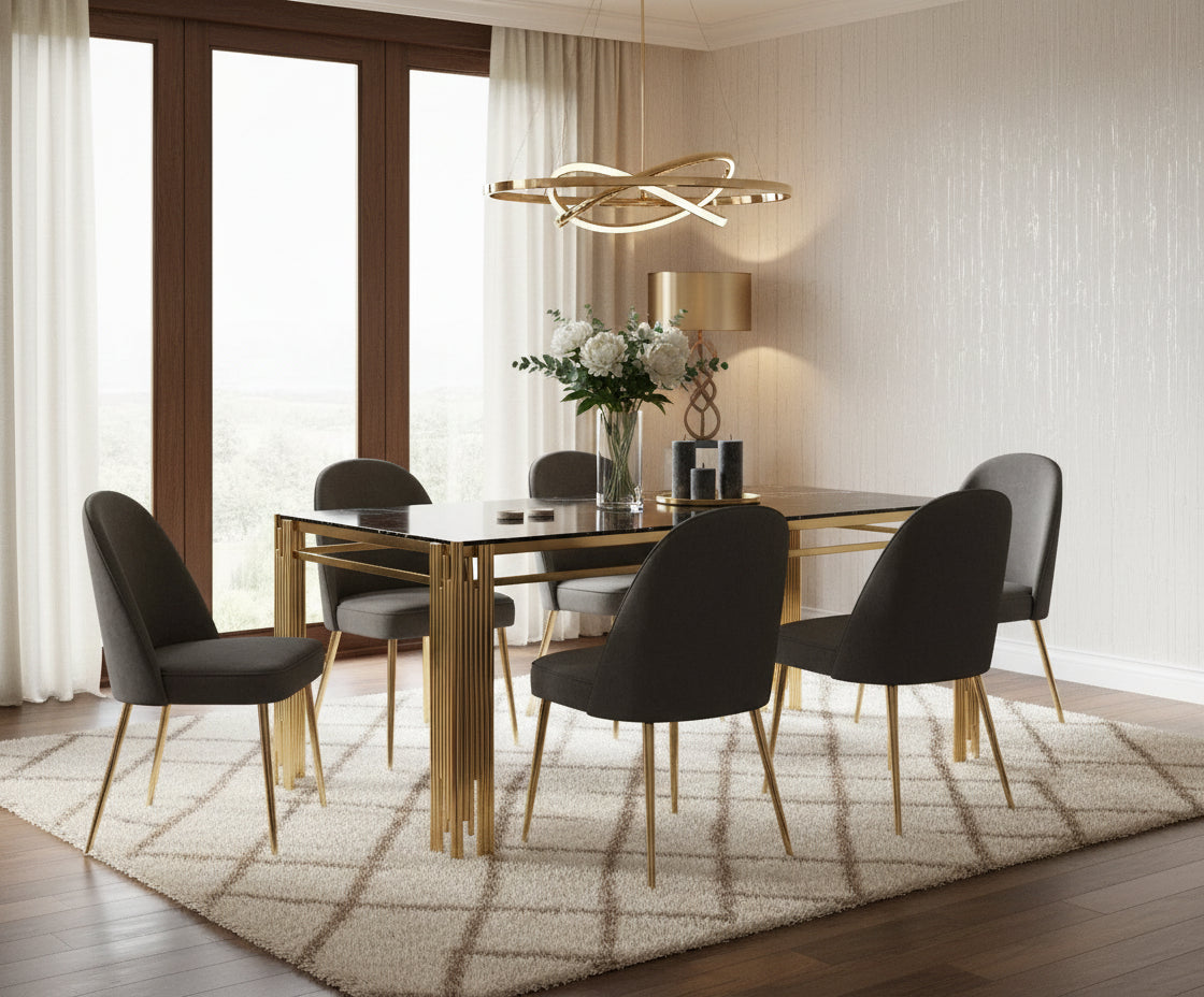 Table à Manger Rectangulaire Gold Plateau Effet Marbré Noir – 150x90x75 cm - FLUTE