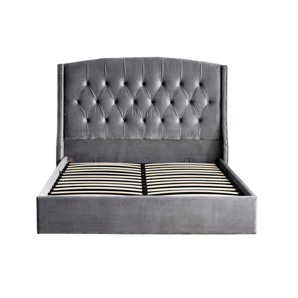 Lit Coffre 2 places 180x200 cm velours gris sommier intégré SULTAN