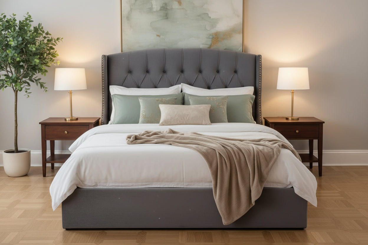 Lit Coffre 2 places 180x200 cm velours gris sommier intégré SULTAN