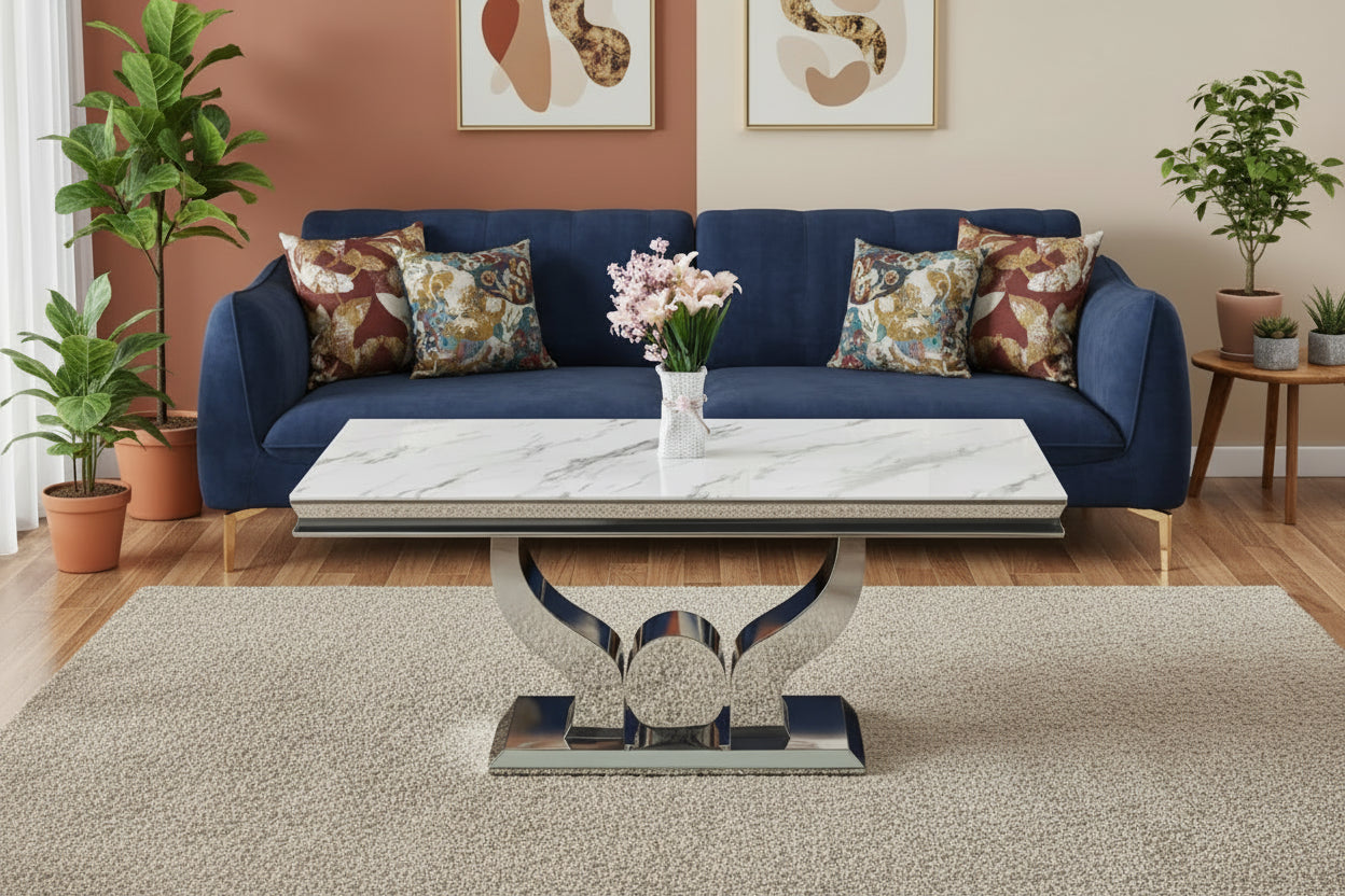 Table Basse Chrome plateau effet Marbré Blanc 120x70 cm TROFY