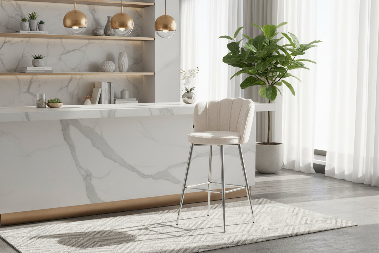 Lot 2 tabourets bar velours blanc réglables pieds chrome NYMPHEA
