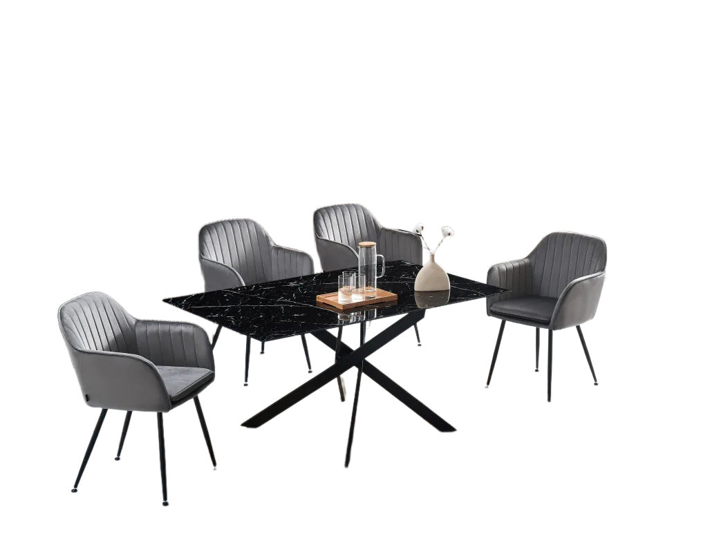 Table Repas JESSICA XXL Métal noir et plateau en verre MARBRE NOIR 180 cm 6 à 8 couverts
