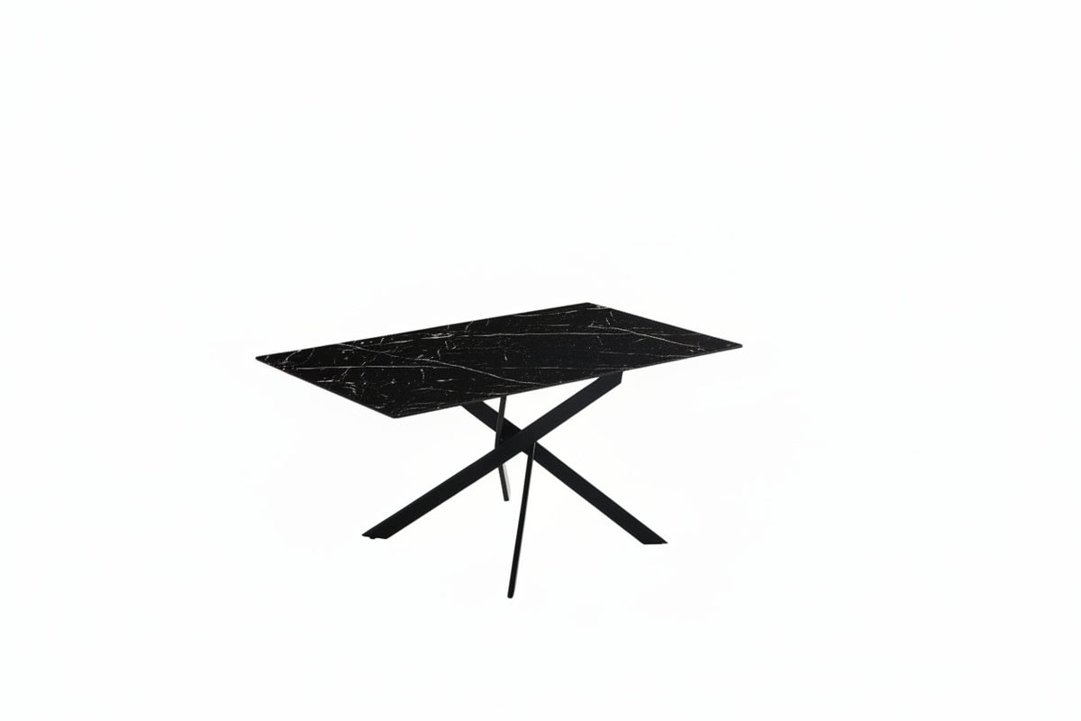 Table Repas JESSICA XXL Métal noir et plateau en verre MARBRE NOIR 180 cm 6 à 8 couverts