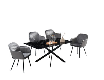 Table Repas JESSICA XXL Métal noir et plateau en verre MARBRE NOIR 180 cm 6 à 8 couverts