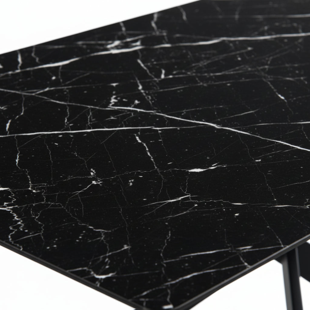 Table Repas JESSICA XXL Métal noir et plateau en verre MARBRE NOIR 180 cm 6 à 8 couverts