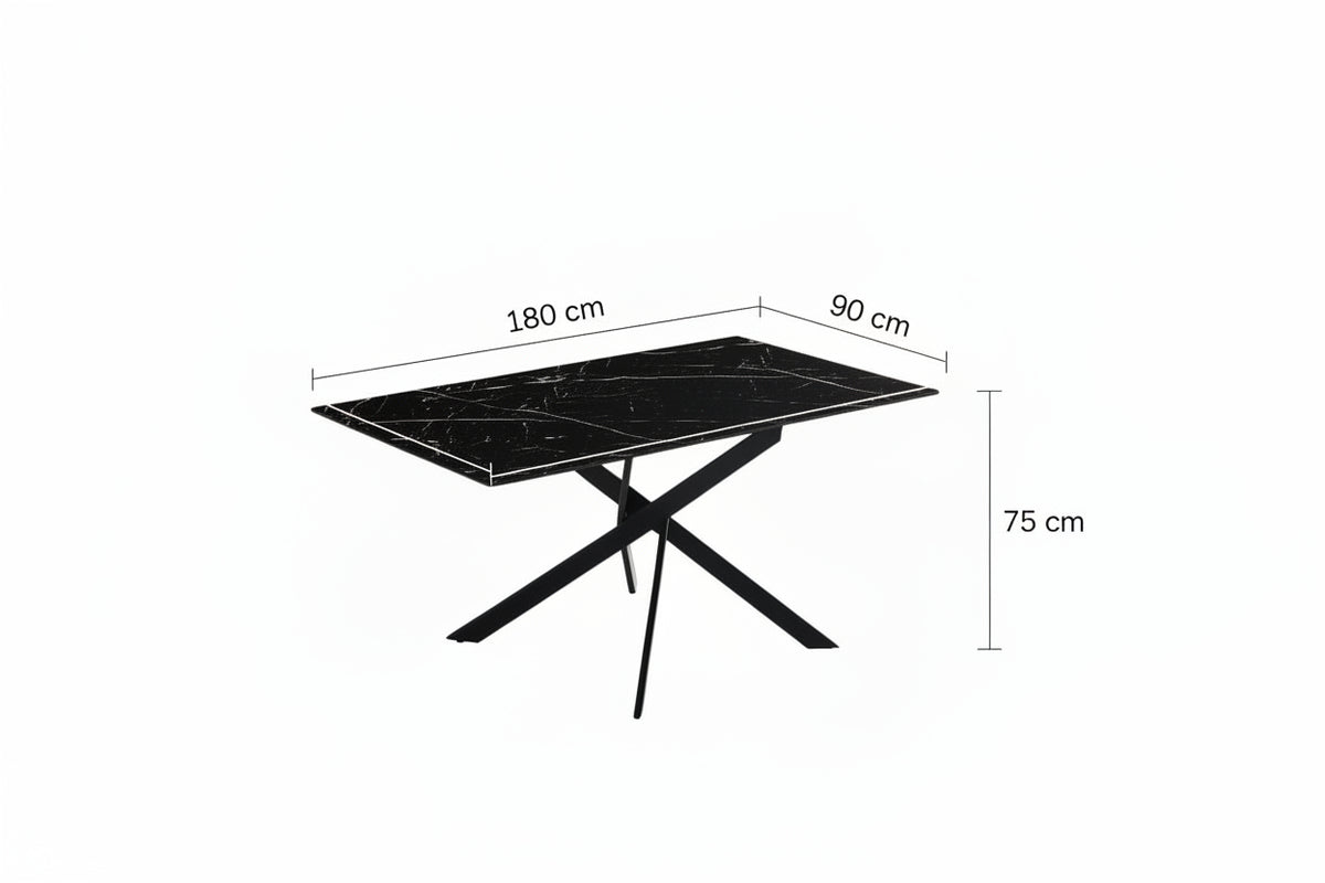 Table Repas JESSICA XXL Métal noir et plateau en verre MARBRE NOIR 180 cm 6 à 8 couverts