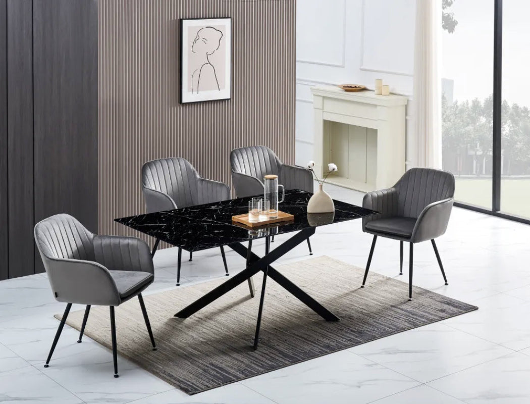 Table Repas JESSICA XXL Métal noir et plateau en verre MARBRE NOIR 180 cm 6 à 8 couverts