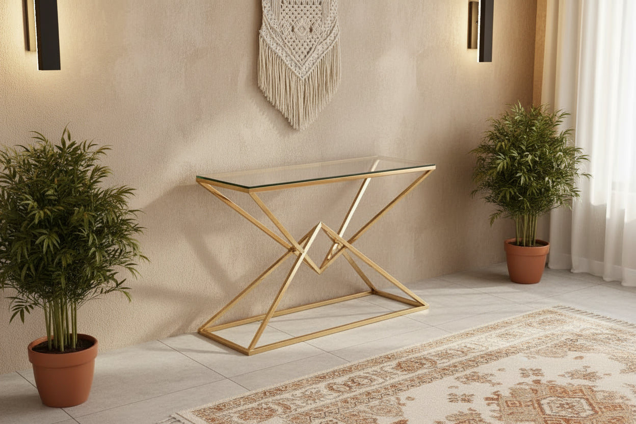 Console PYRAMID en verre Transparent 120x40x78 cm #couleur_gold
