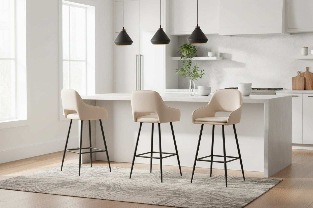 Lot 2 Tabourets de Bar Athena Velours Beige Pieds Métal Noir 47x41x104cm