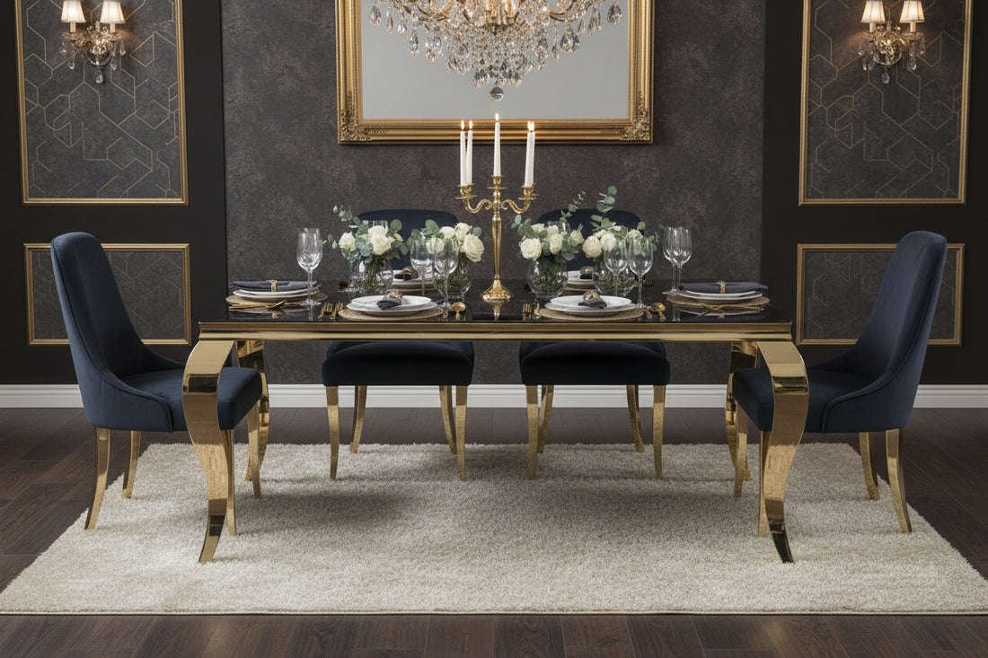 Table à manger BAROQUE 4 à 6 couverts pieds gold plateau en verre 150x90 cm #couleur_marbré-noir