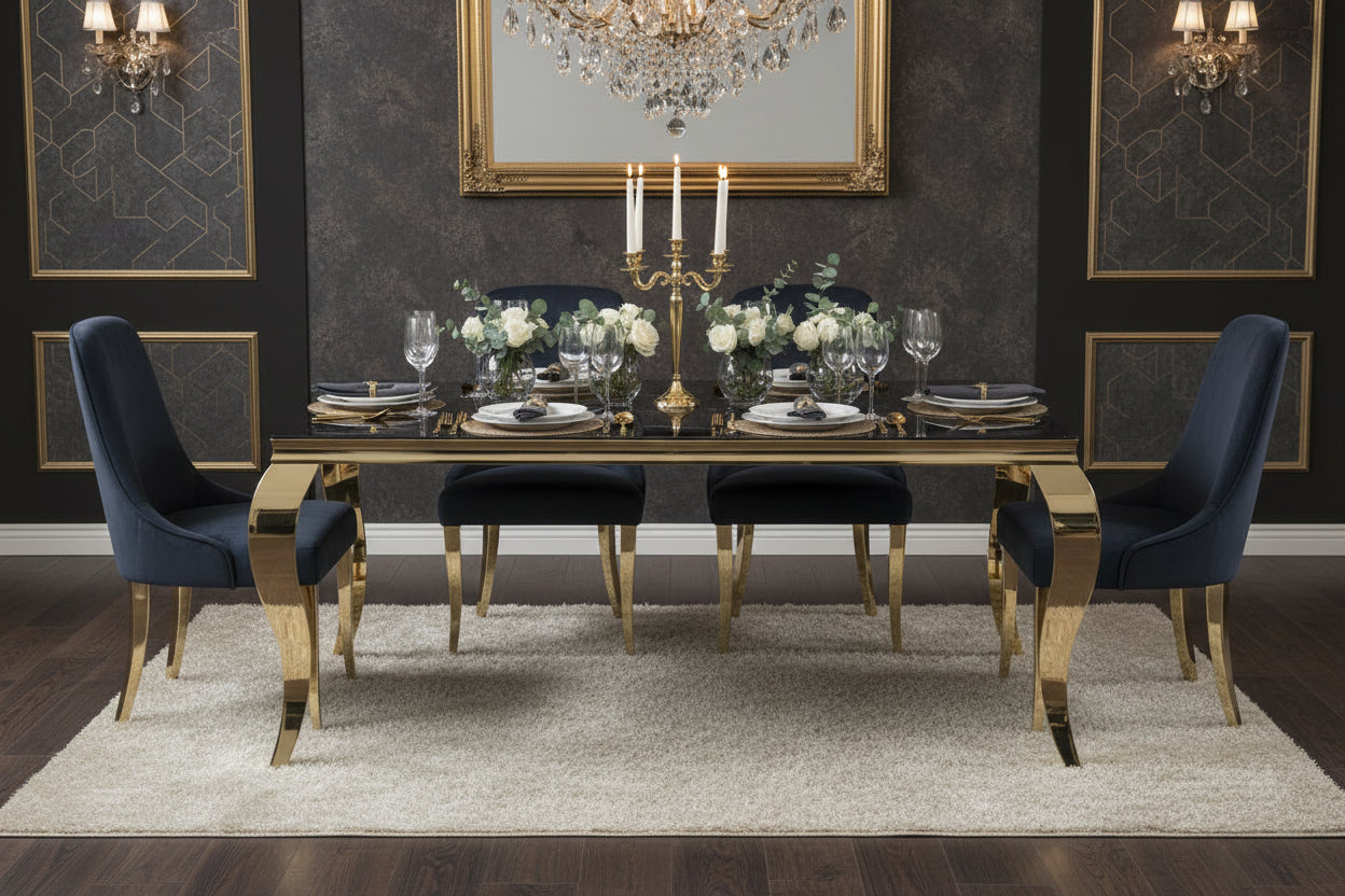 Table à manger BAROQUE 4 à 6 couverts pieds gold plateau en verre 150x90 cm #couleur_marbré-noir