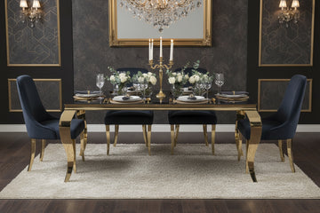 Table à manger BAROQUE 4 à 6 couverts pieds gold plateau en verre 150x90 cm #couleur_marbré-noir
