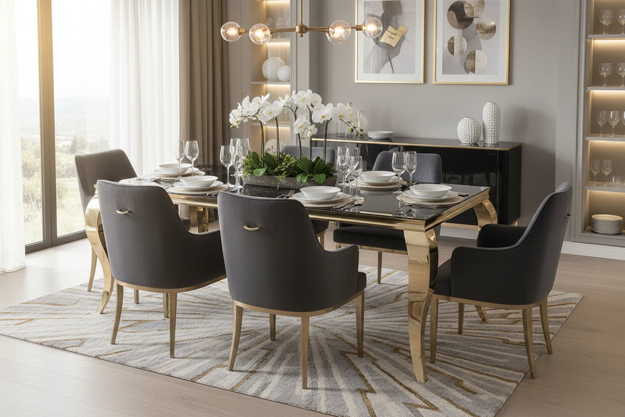 Table à manger verre marbre noir gold 150x90 cm BAROQUE