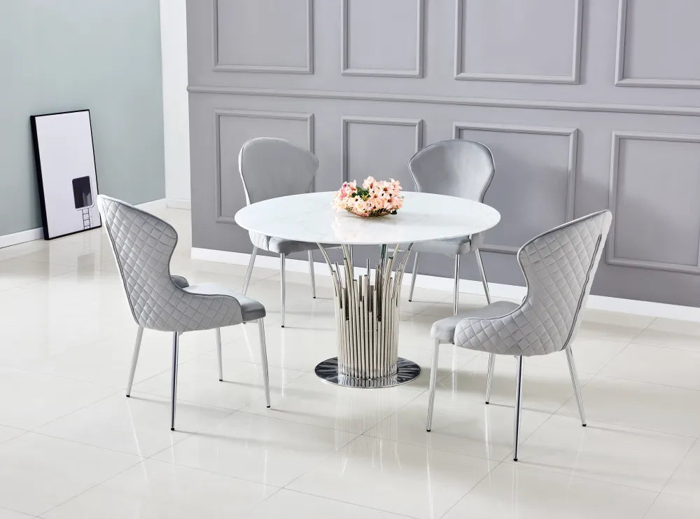 Table à manger ronde FLUTE Chrome #couleur_marbré-blanc