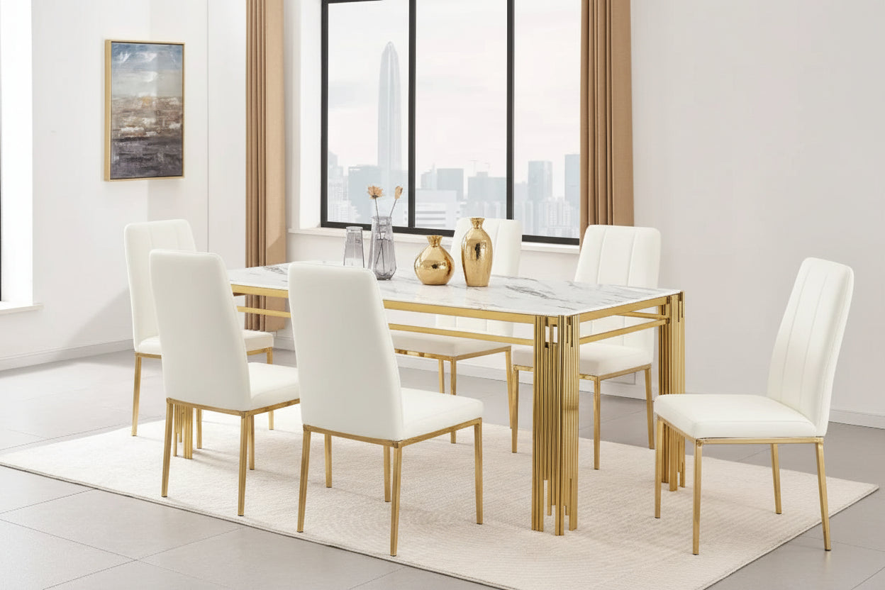 Table à manger FLUTE Gold Plateau en verre #couleur_marbré-blanc