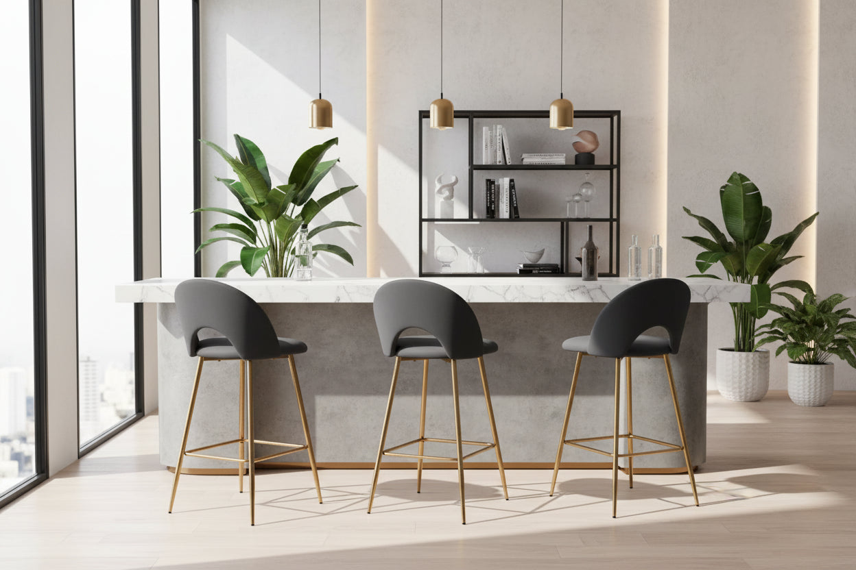 Lot 2 Tabourets de Bar Teddy Velours Anthracite Pieds Gold 47x36x98cm