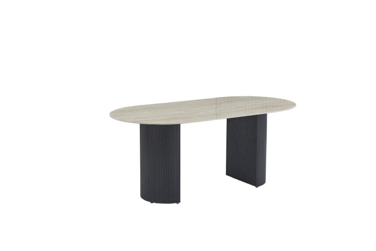 Table à Manger Céramique Travertin Brillant Métal Noir 180 cm 6-8 Personnes – ANNA