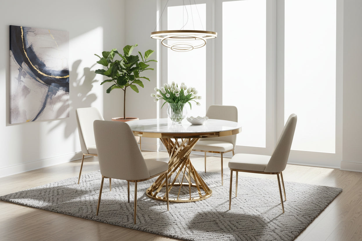 Table à manger ronde en verre trempé effet marbre blanc Chrome - NAUTILUS#couleur_marbréblanc_Gold