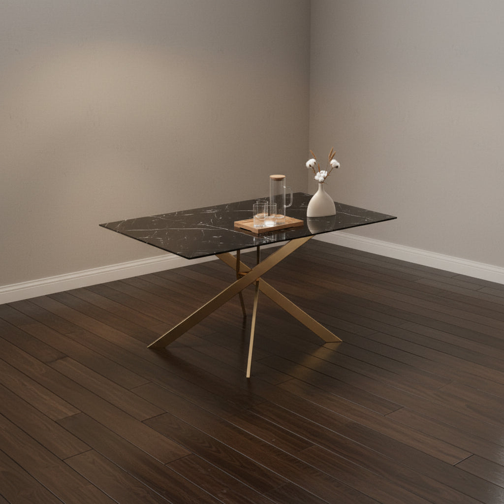 Table Repas JESSICA XXL Gold et plateau en verre MARBRE NOIR 180 cm 6 à 8 couverts