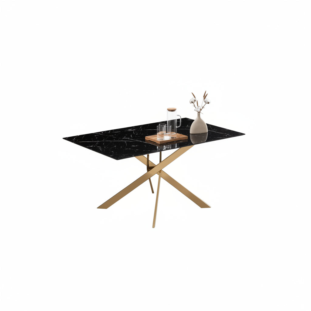 Table Repas JESSICA Gold et plateau en verre 150 cm 4 à 6 couverts - Effet marbré noir