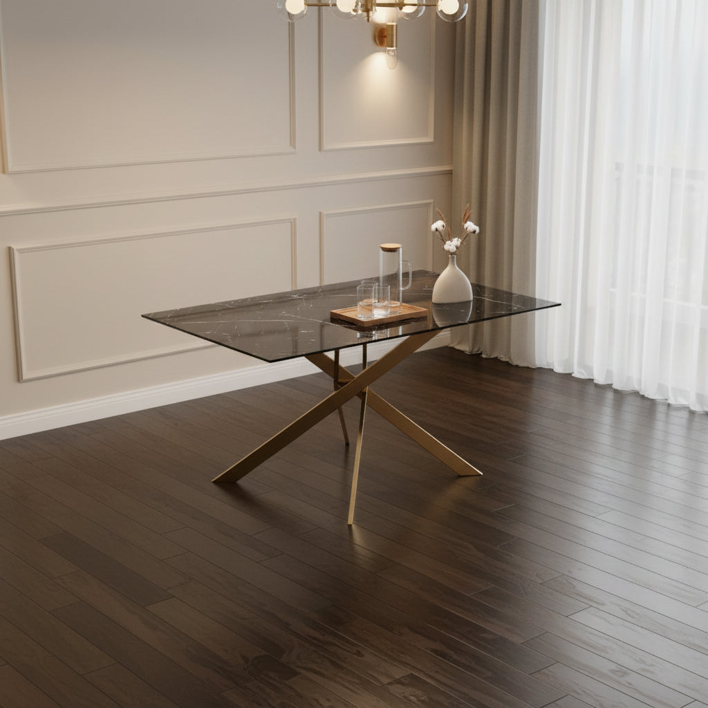 Table Repas JESSICA Gold et plateau en verre 150 cm 4 à 6 couverts - Effet marbré noir