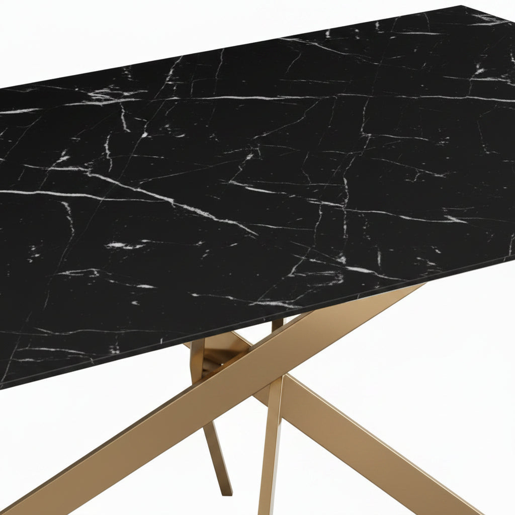Table Repas JESSICA XXL Gold et plateau en verre MARBRE NOIR 180 cm 6 à 8 couverts