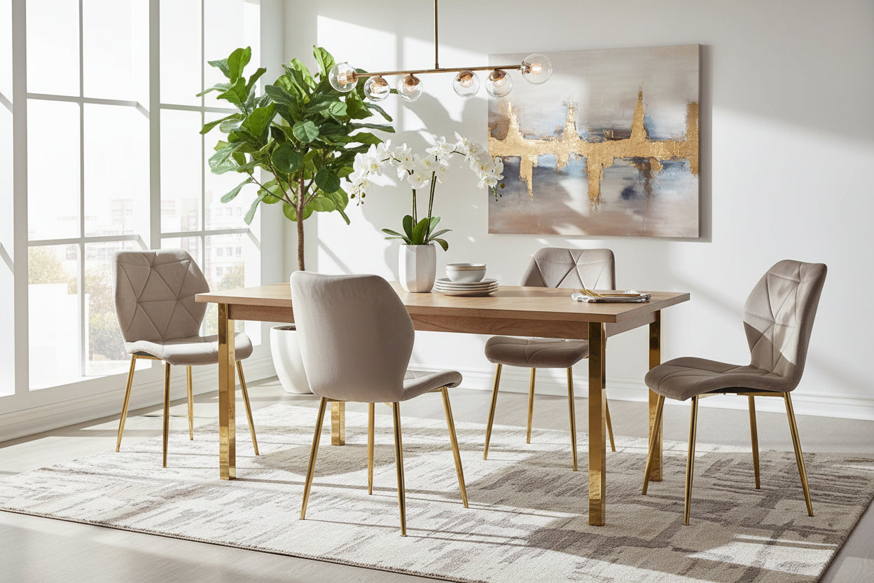 Lot 4 Chaises Salle à Manger Coquillage Velours Taupe Pieds Gold 46x58,5x87cm